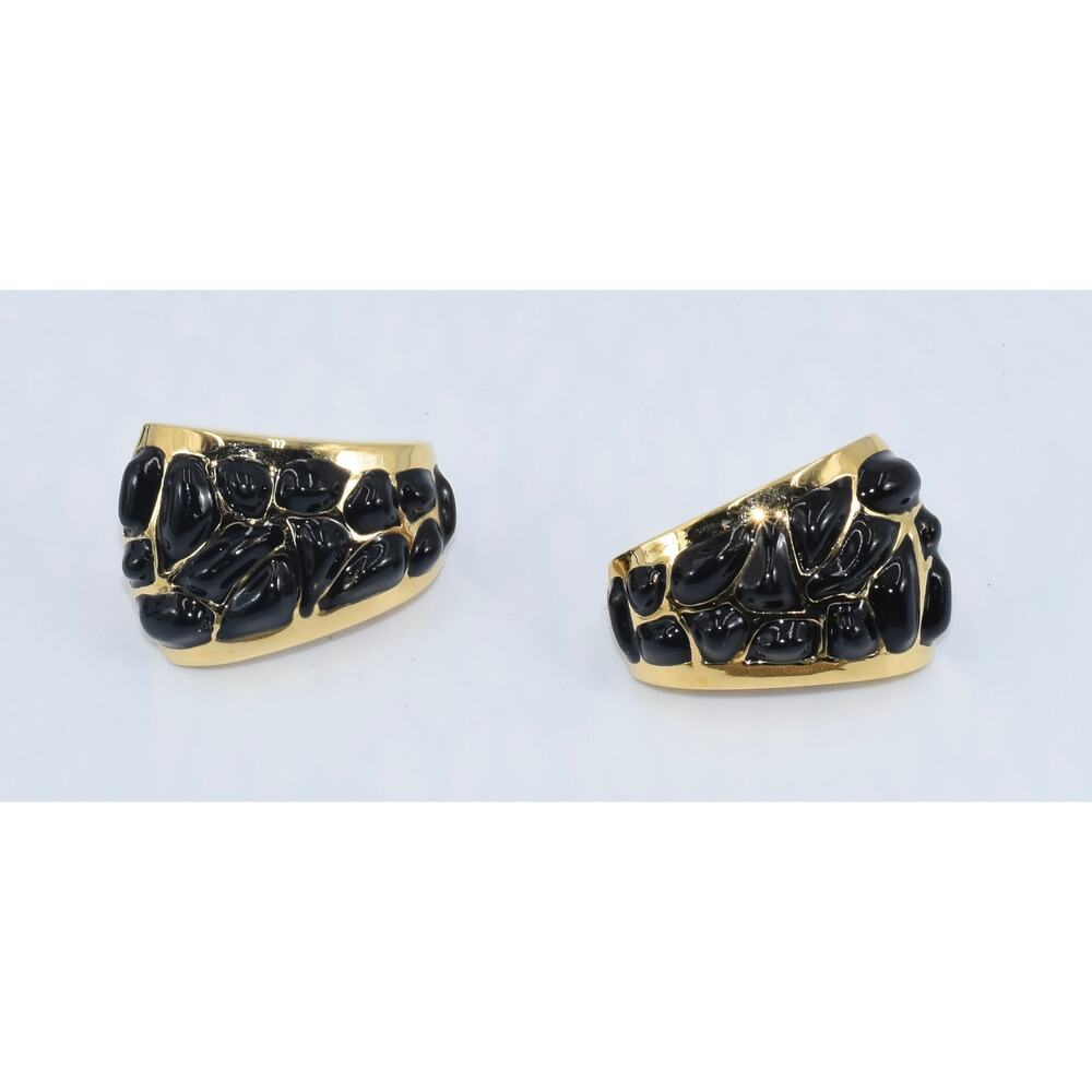 St. John Black and Gold Designer Runway Clip-On Earrings